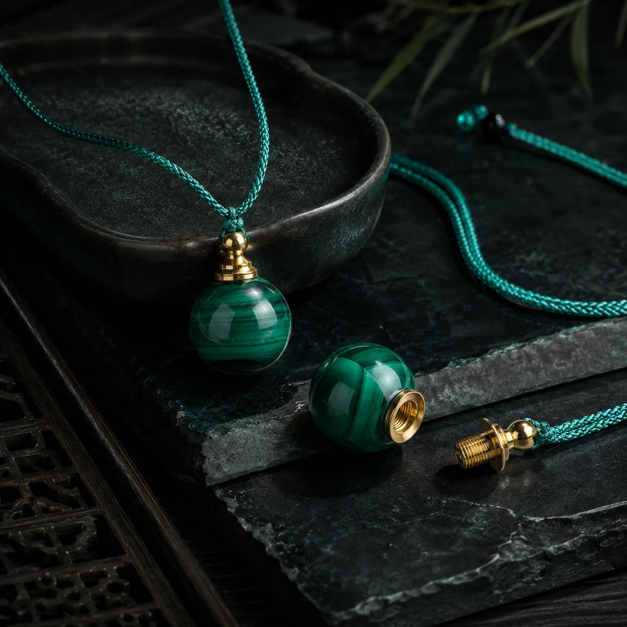 Malachite Sphere Perfume Bottle Pendant Necklace
