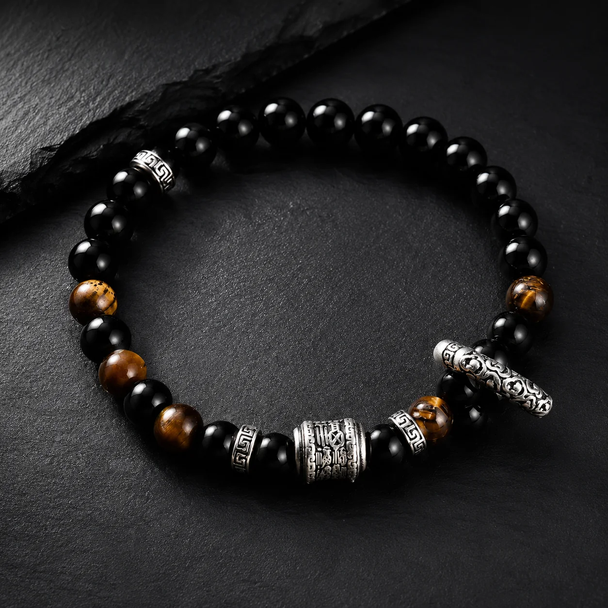 Double-Strand Black Obsidian Peace Buckle Bracelet
