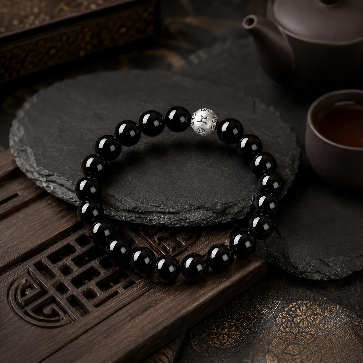 Natural Black Obsidian Six-Syllable Mantra Bracelet