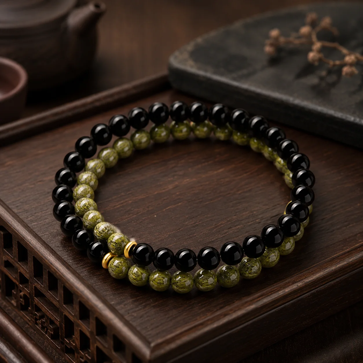 Natural Black Obsidian & Green Sandalwood Double-Wrap Bracelet