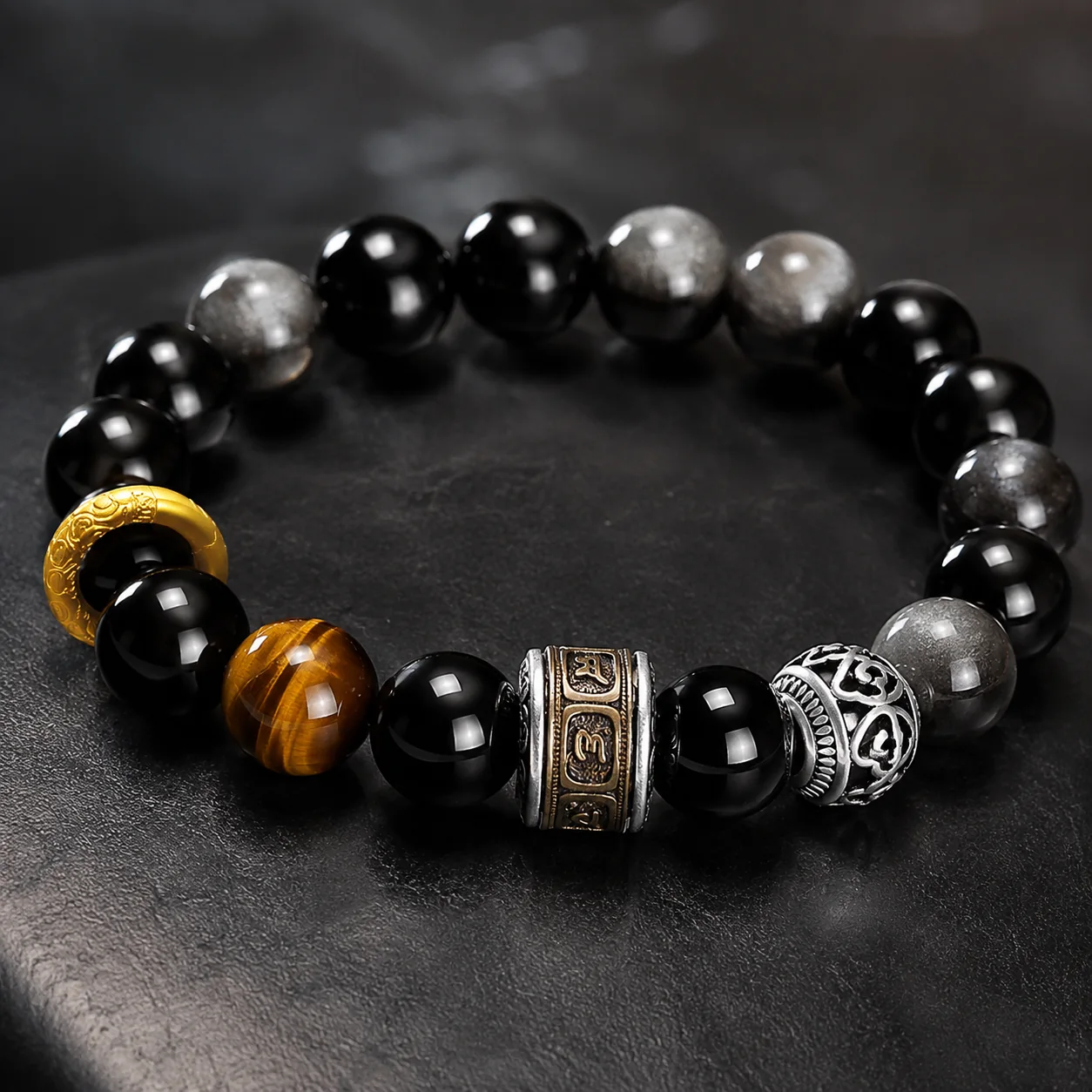 Natural Black Obsidian, Silver Sheen Obsidian & Tiger's Eye Bracelet