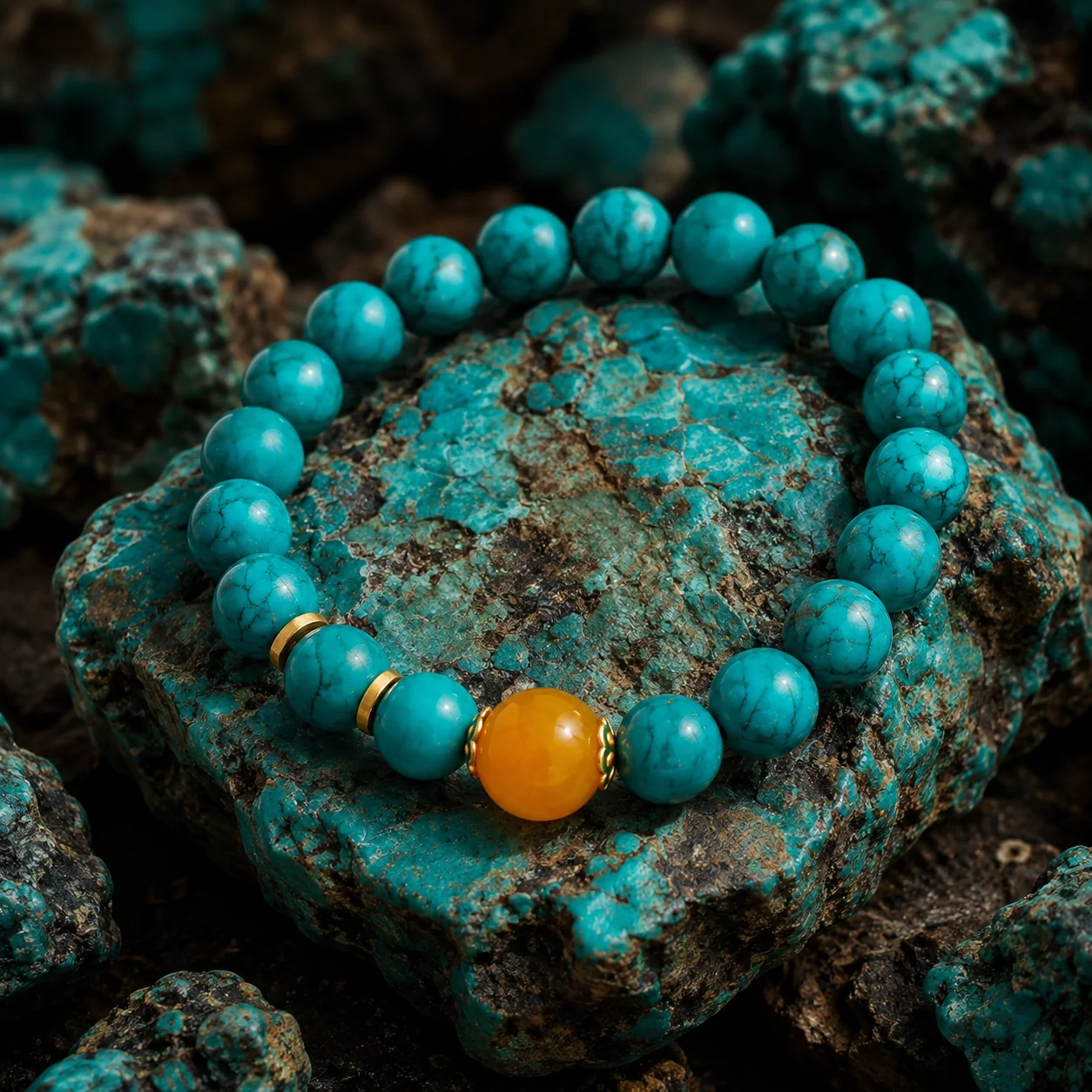 Natural Turquoise & Amber Beaded Bracelet